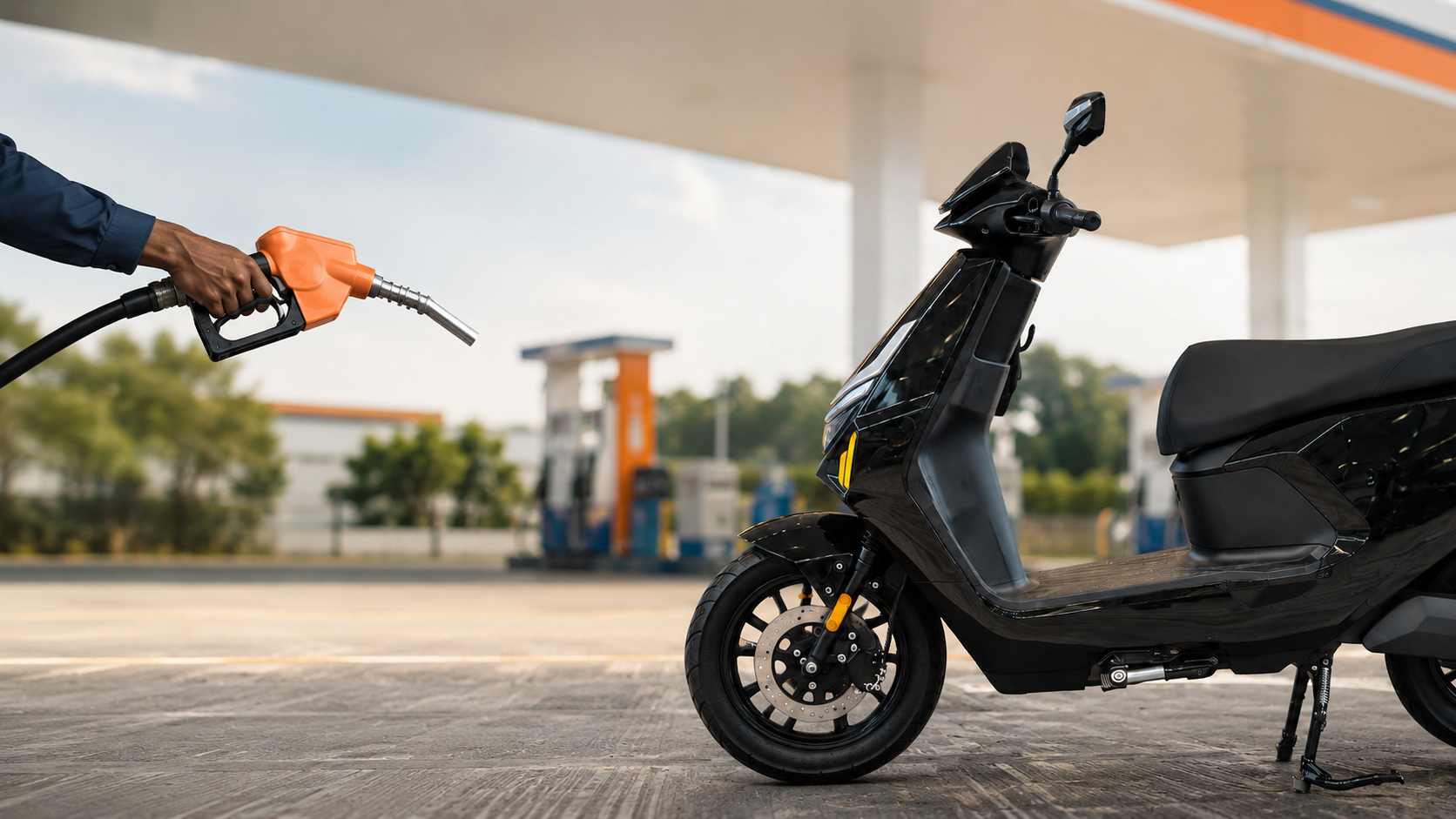 Petrol nozzle beside scooter